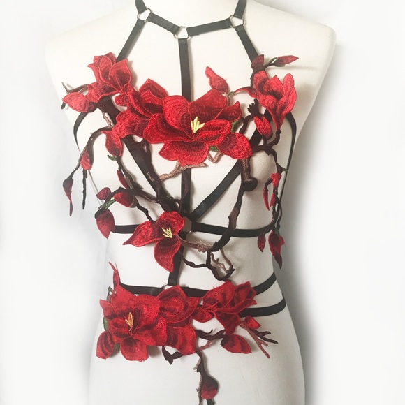 Liquid Red Other - Red floral handmade harness